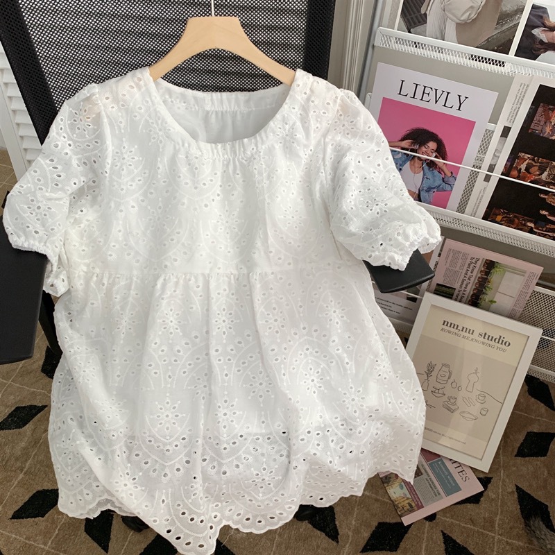 Embroidery Cotton Shirt - Blus lengan pendek wanita, atasan longgar