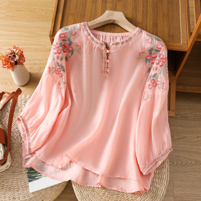 Blus Pakaian Wanita Gaya Cina  - Embroidery Cotton Shirt ulasan dan harga