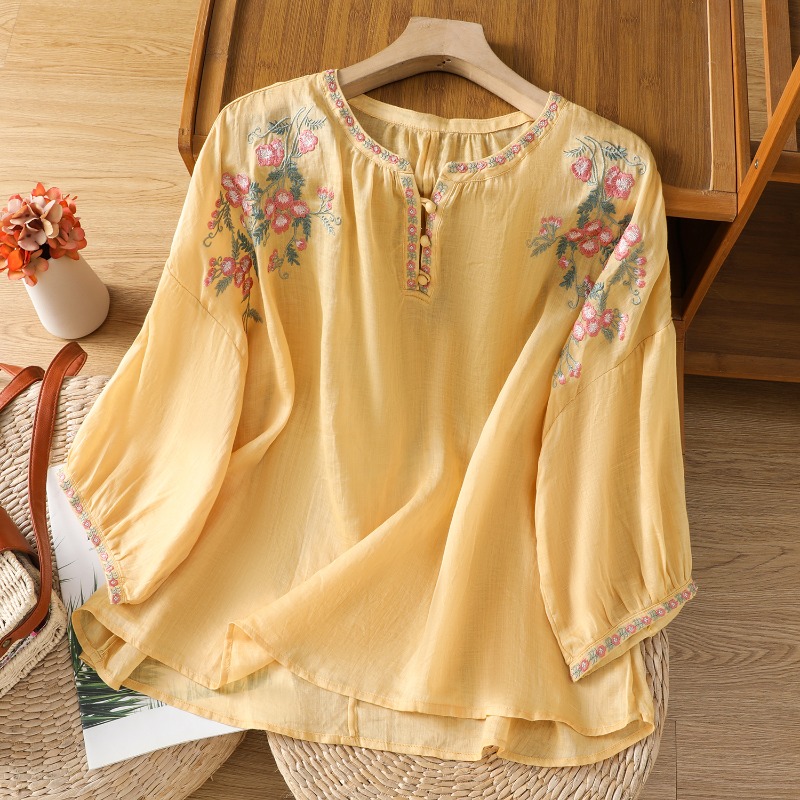 Blus Pakaian Wanita Gaya Cina  - Embroidery Cotton Shirt ulasan dan harga