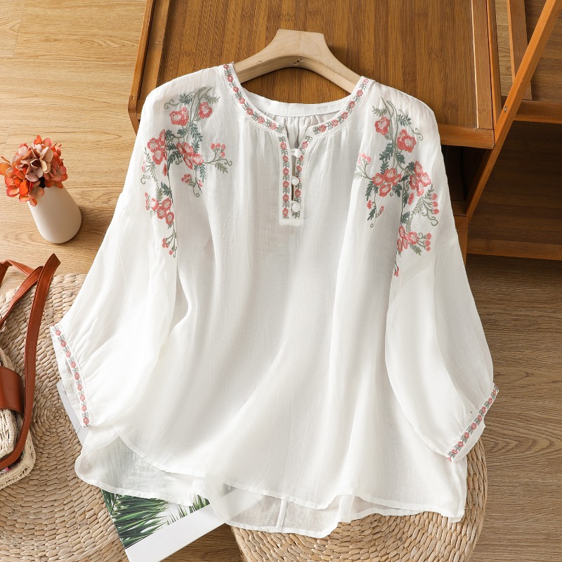 Blus Pakaian Wanita Gaya Cina  - Embroidery Cotton Shirt ulasan dan harga