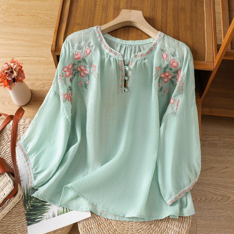 Blus Pakaian Wanita Gaya Cina  - Embroidery Cotton Shirt ulasan dan harga